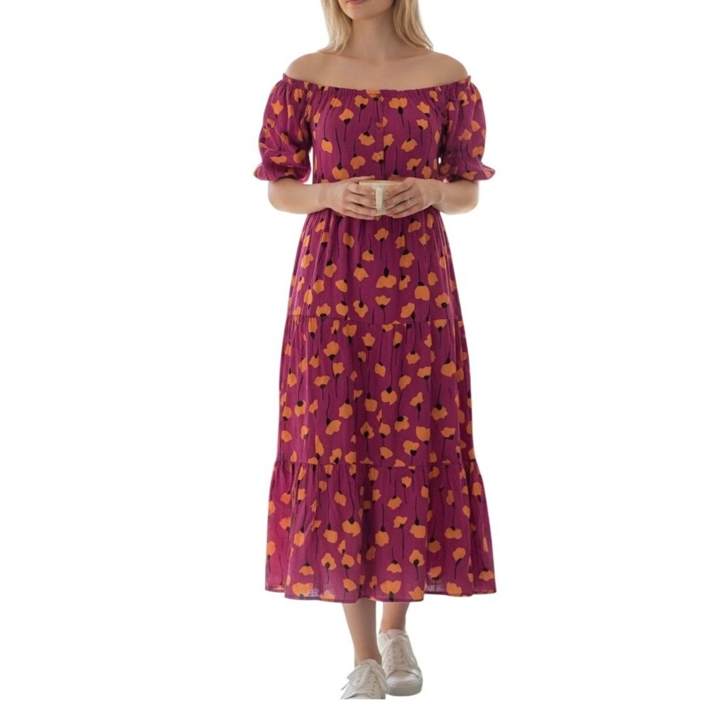 Hering Floral Off Shoulder Tiered Maxi Dress‎ Purple Orange Puff Sleeve Large